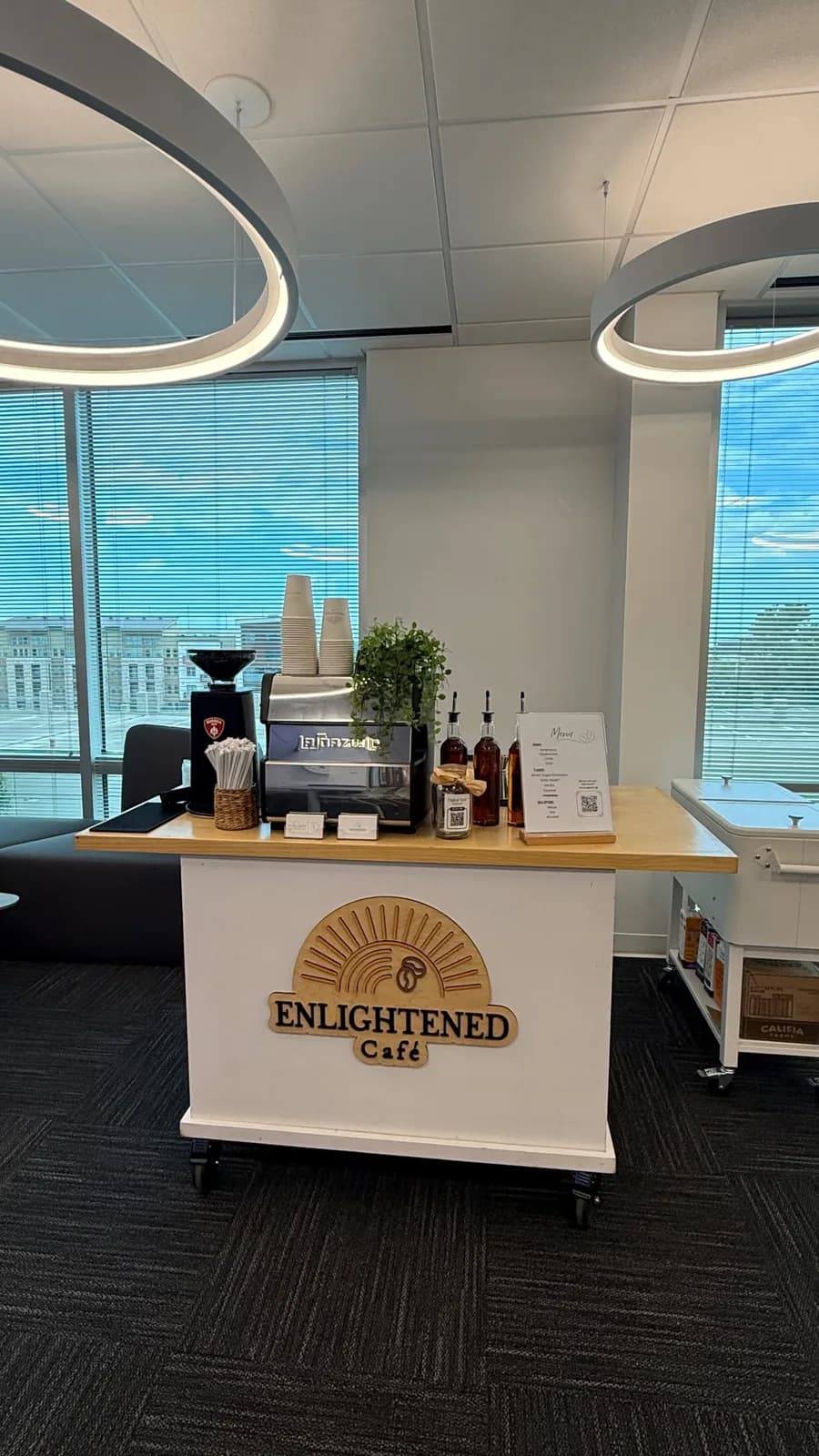 Enlightened Café coffee cart set up in a DFW office tower for employee appreciation catering